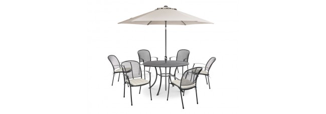 Kettler Caredo 6 Seater Set with Cushions and Parasol - Stone