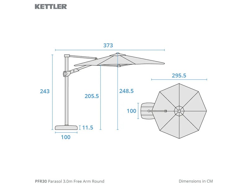 Kettler 3m Round Free Arm Parasol (Wood Effect) - Stone