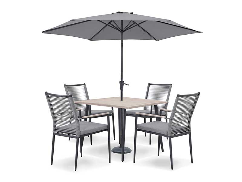 Kettler Merano 4 Seat Dining Set with Square Table, Parasol & Base