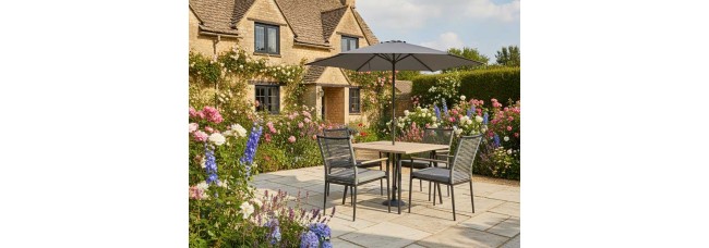 Kettler Merano 4 Seat Dining Set with Square Table, Parasol & Base
