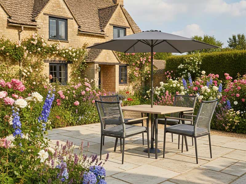 Kettler Merano 4 Seat Dining Set with Square Table, Parasol & Base Kettler Merano 4 Seat Dining Set with Square Table, Parasol & Base