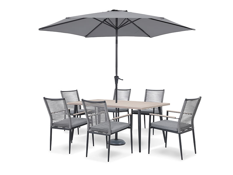 Kettler Merano 6 Seat Dining Set with Rectangular Table, Parasol & Base