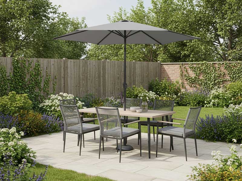 Kettler Merano 6 Seat Dining Set with Rectangular Table, Parasol & Base Kettler Merano 6 Seat Dining Set with Rectangular Table, Parasol & Base