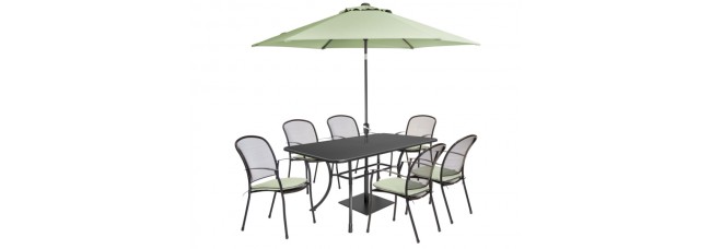 Kettler Caredo 6 Seater Set with Cushions, Parasol and Base - Sage