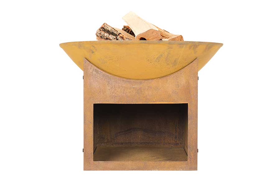 La Hacienda Fasa fire pit with log storage and industrial oxidised finish