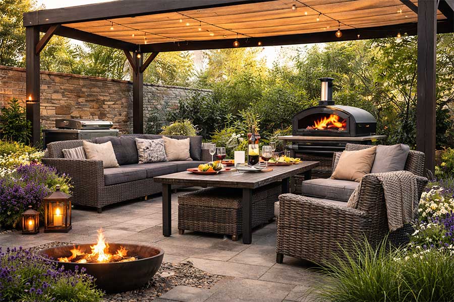 Cosy outdoor entertaining and dining area with a pergola for shade in a UK garden