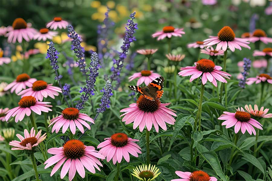 Climate resistant pink Echinacea coneflowers planted in a UK garden