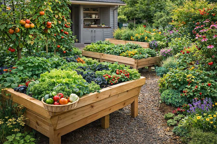 Busy attractive garden featuring lots of edible planting