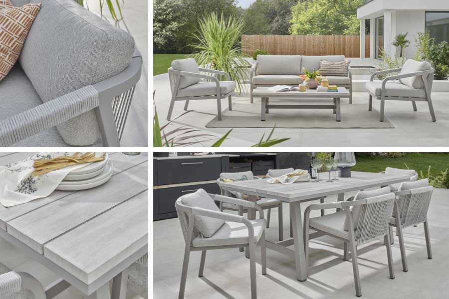 A selection of Kettler Como luxury metal garden dining and lounge outdoor furniture sets