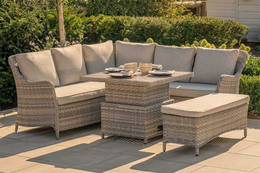 Kettler Lomond rattan outdoor square corner dining set with bench and height adjustable table