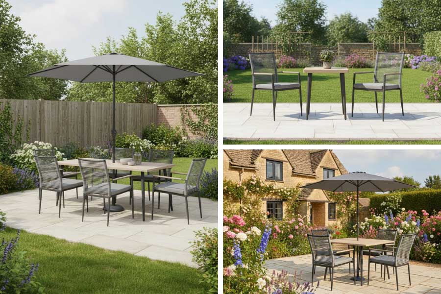 A selection of Kettler Merano metal outdoor lounge and dining furniture sets