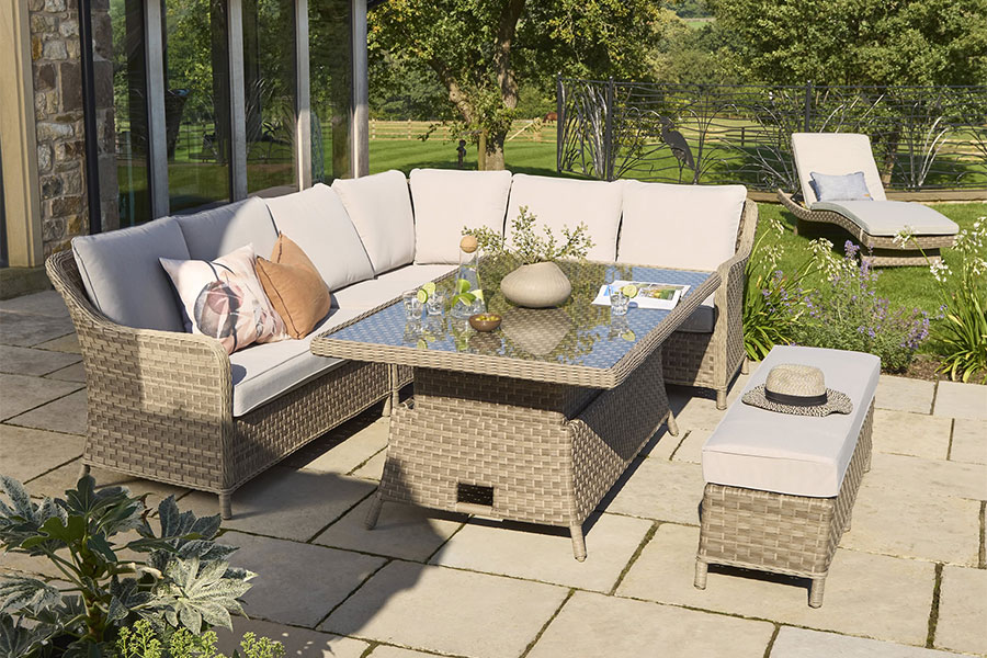 Kettler Charlbury corner dining set with bench and height adjustable glass top table