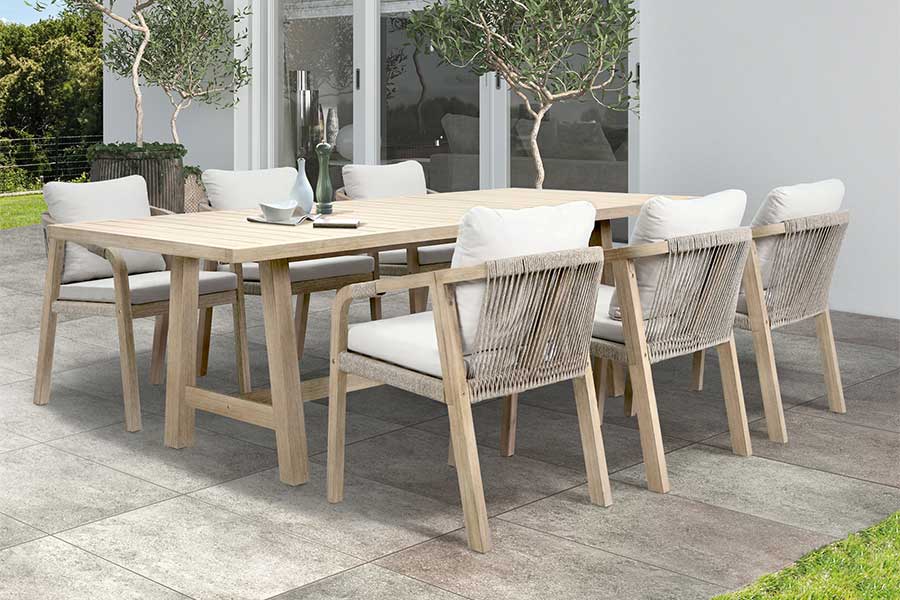 Large 6 to 8 seat Kettler Cora wooden garden dining set with rope back armchairs