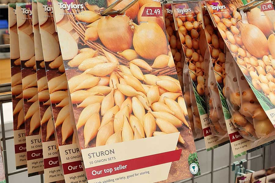 Packets of Sturon onions on sale at Oxford Garden Centre