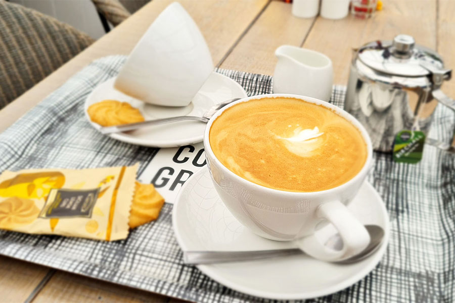 Lovely tray of coffee and biscuits served in the cafe at Oxford Garden Centre