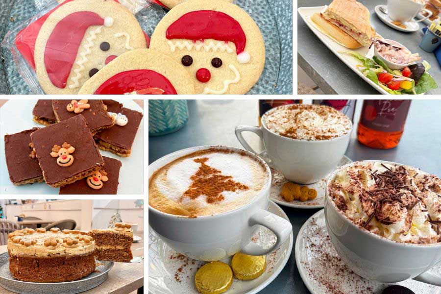 A selection of Christmas themed cakes, drinks, biscuits and food available in the cafe at Oxford Garden Centre for 2025