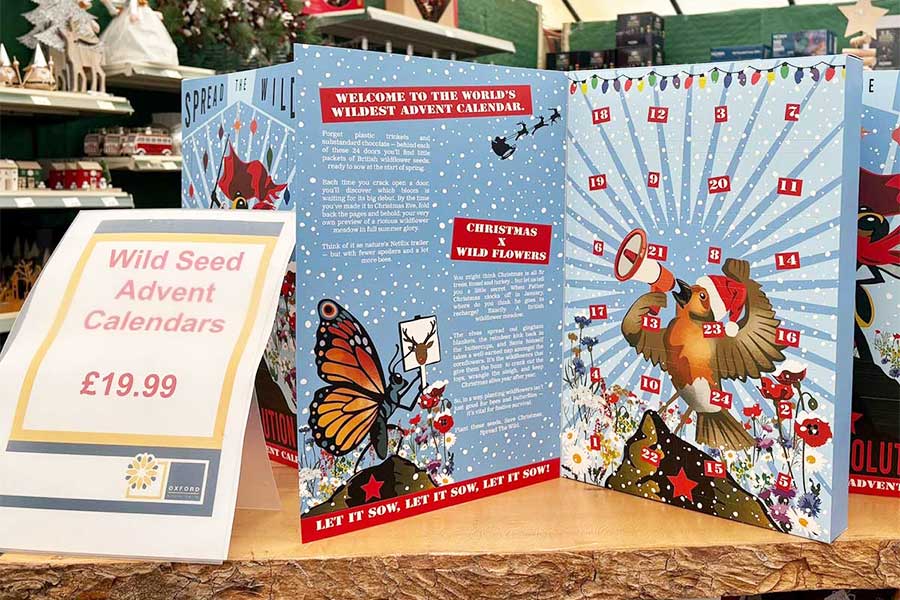 Wildflower seeds Christmas advent calendar on display inside Oxford Garden Centre