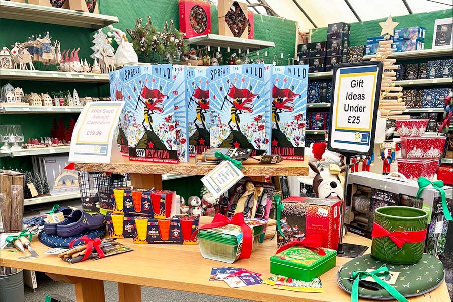 A display of Christmas gift ideas all under £25 at Oxford Garden Centre