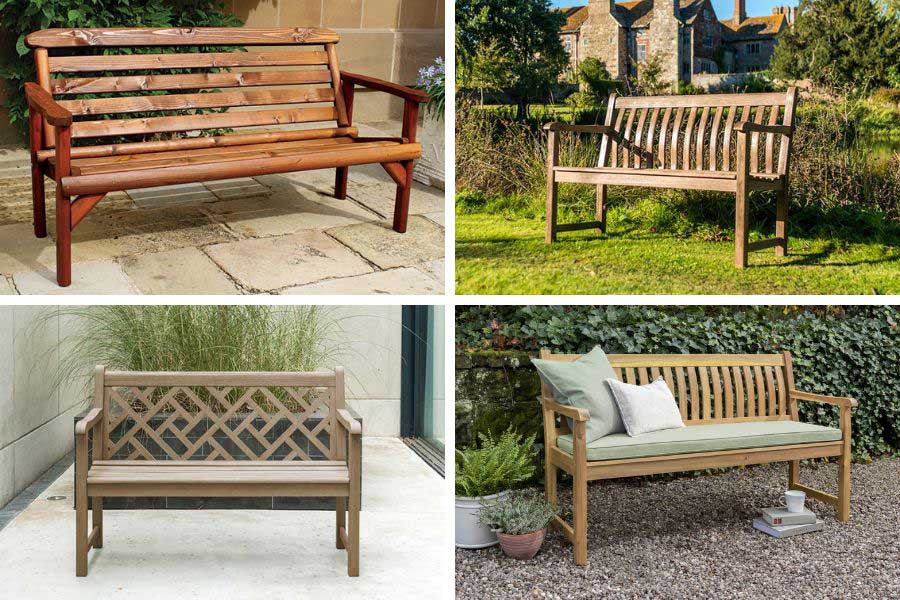 Images of wooden garden benches in modern, traditional, and rustic styles