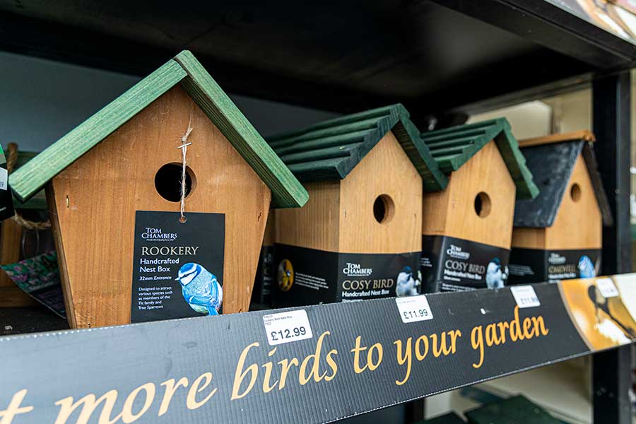 A selection of different Tom Chambers bird boxes at Oxford Garden Centre
