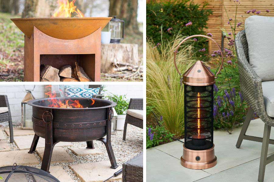 Image grid of garden fire pits and electric outdoor patio heaters in a variety of rustic and traditional styles