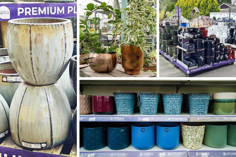 Images of indoor and outdoor plant pots in many colours on display at Oxford Garden Centre