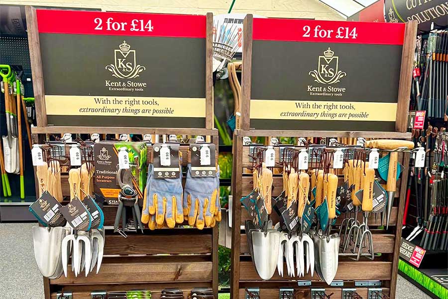A promotional display of 2 for £14 Kent & Stowe garden tools at Oxford Garden Centre