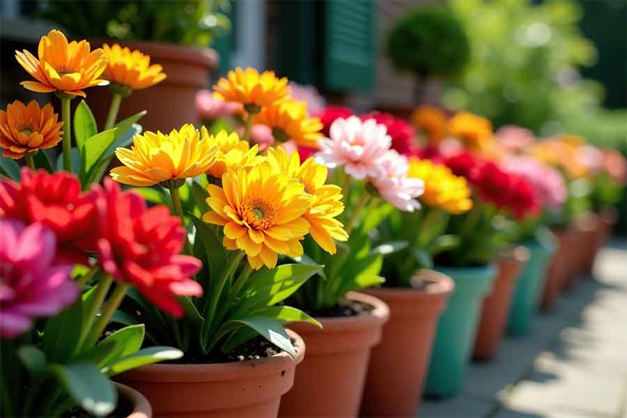 Potted plants in need of daily watering in hot weather