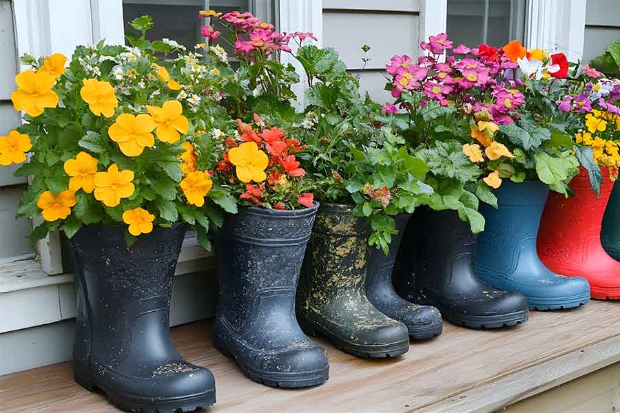 Old welly boots used to make colourful garden plant pots