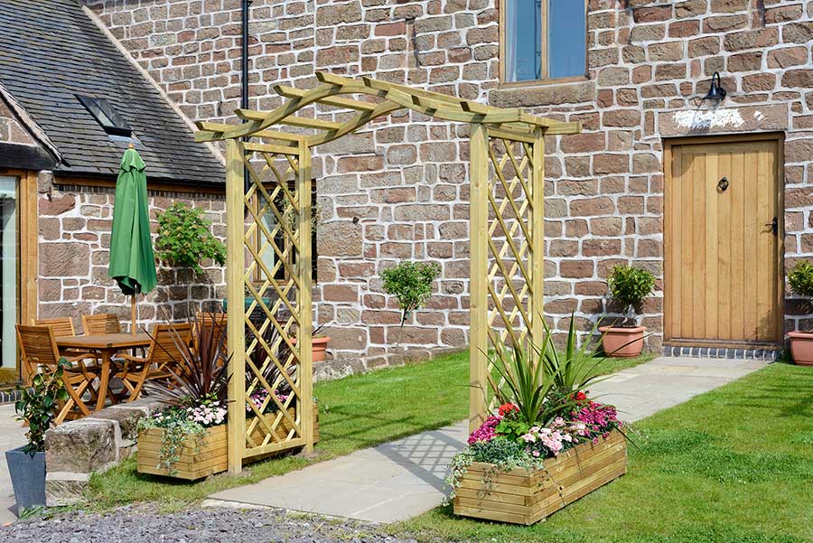 Grange Elite Portico garden arch with matching timber planters