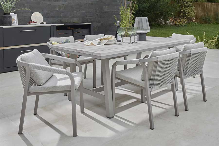 Kettler Como 6 seat metal garden dining set with composite wood table top and rope detail chairs