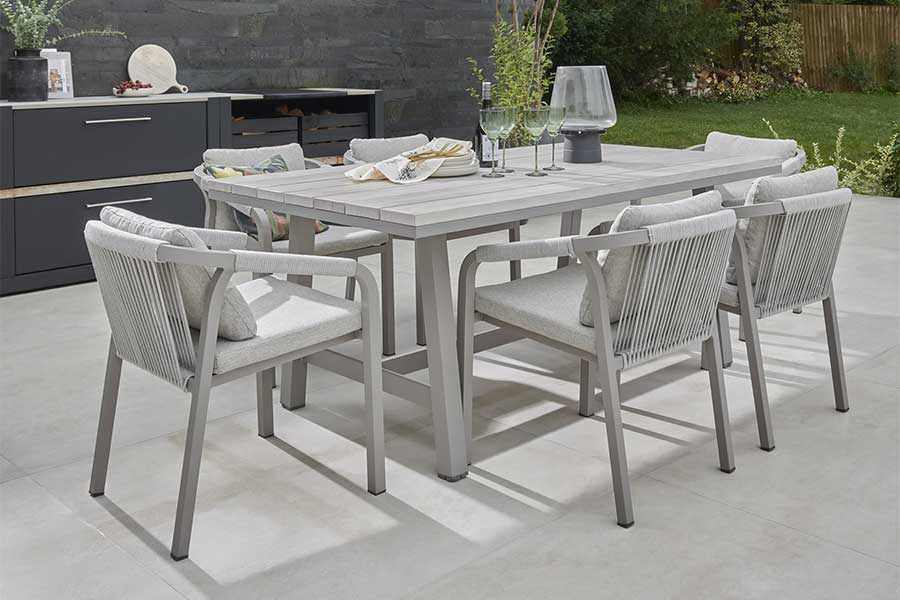 Kettler Como modern 6 seat metal garden dining set in light grey colour