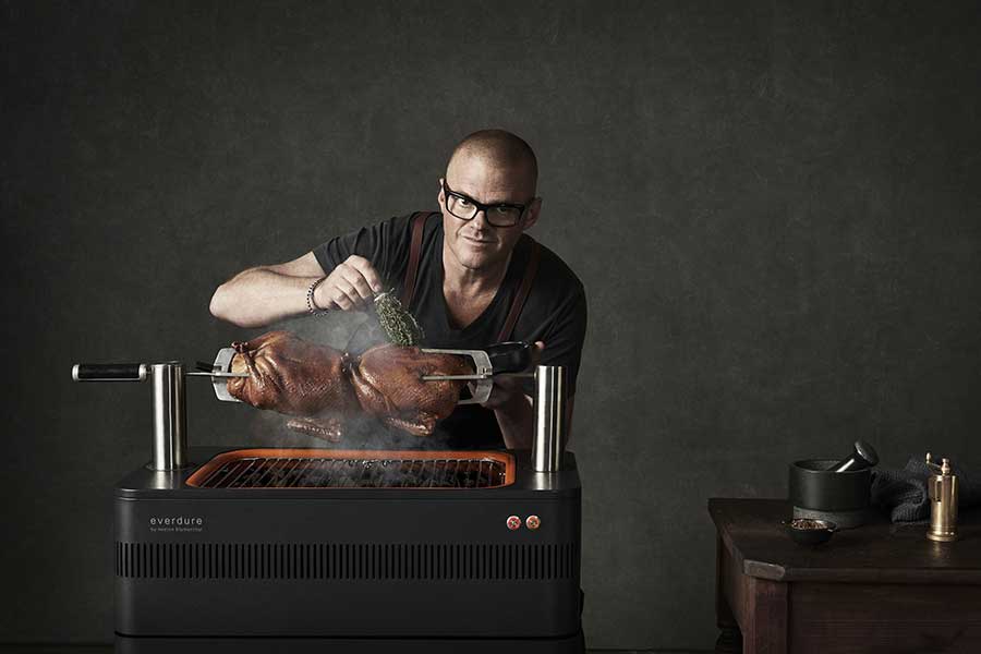 Heston Blumenthal using an Everdure BBQ designed by him for Kettler