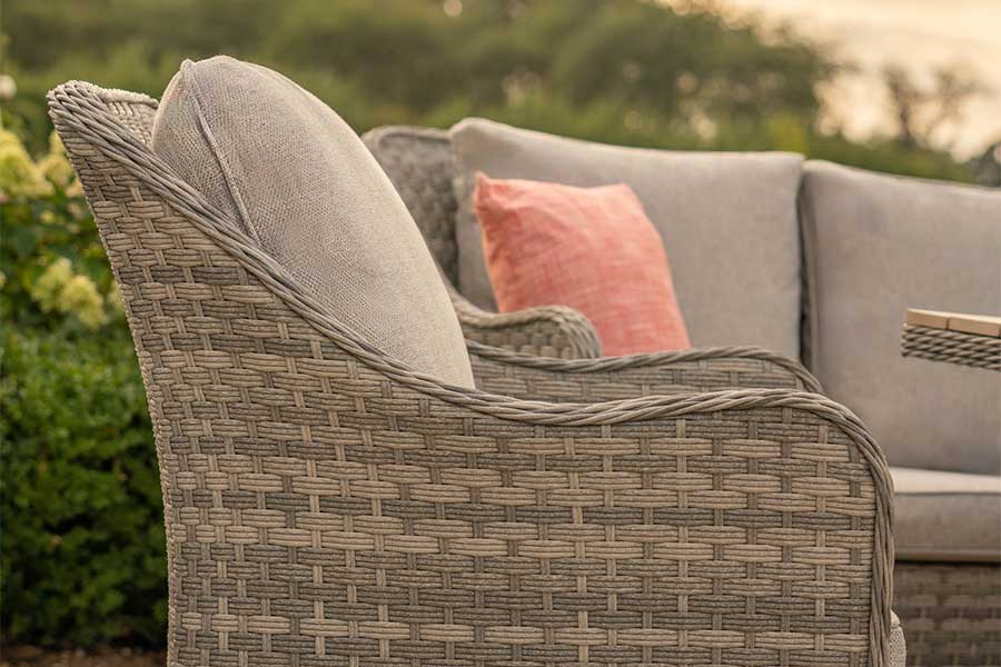 Weather proof rattan and cushions make the Kettler Lomond furniture suitable to leave outside through summer