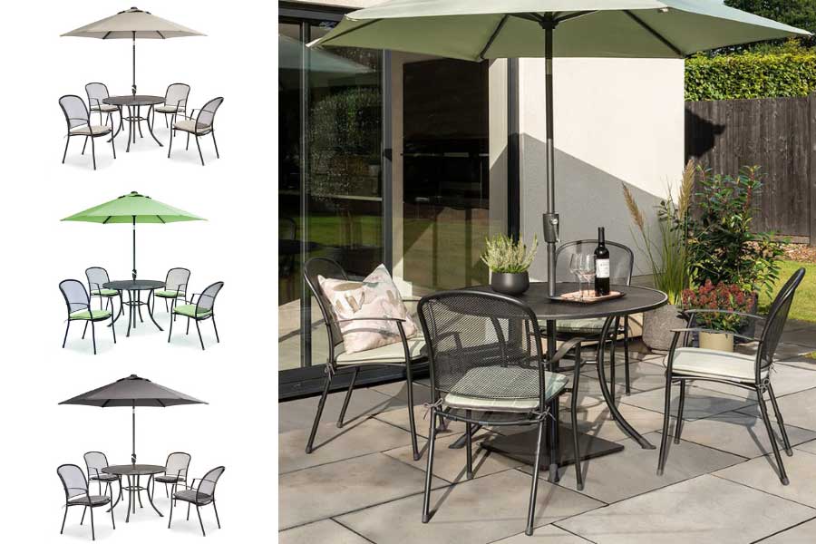 Kettler Caredo 4 seat metal bistro style garden dining set with chairs and parasol in a choice of 3 colours