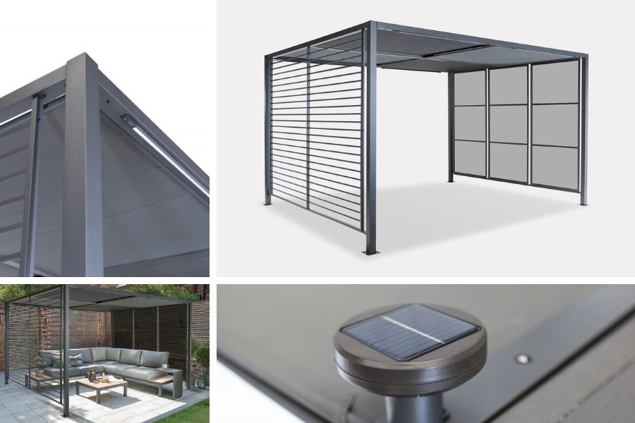 Kettler Deluxe Panalsol metal gazebo with shades and integrated solar lighting 