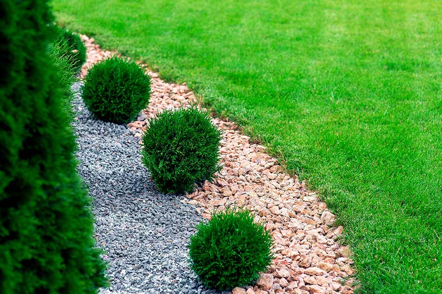 Attractive garden borders mulched with different coloured decorative gravel and chippings