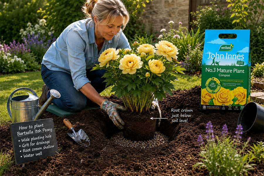 Ai image showing a gardener planting a peony in a garden with basic instructions for planing