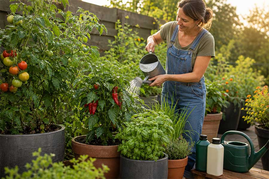 A lady watering pot grown vegetables in her garden