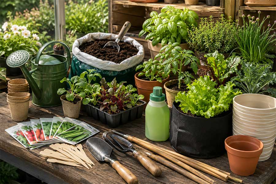 A selection of tools, pots and composts that you will need to grow vegetables in pots
