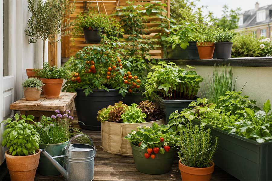 Growing vegetables in pots can be done in small spaces like this balcony terrace