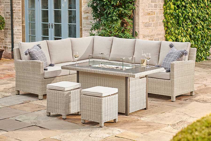 Kettler Palma whitewash rattan corner garden lounge set with firepit table 