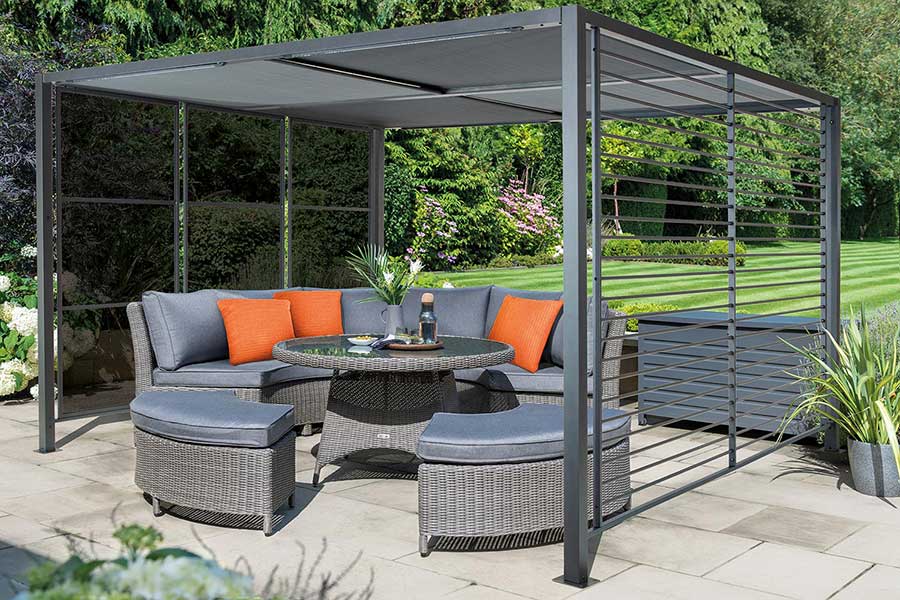 Kettler Deluxe Panalsol with modern metal frame provides shade over a luxury garden lounge set and table